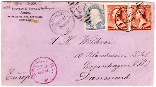 USA 1887, 1+2x2 C. auf Brief v. Chicago n. Dänemark. Viol. K1 CHICAGO ILL. F.