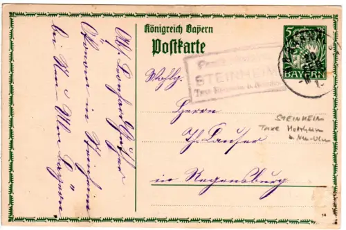 Bayern 1915, Posthilfstelle STEINHEIM Taxe Holzheim auf 5 Pf. Ganzsache 