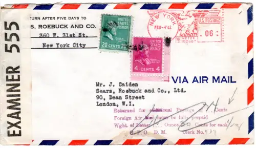 USA 1941, 6 C. Freistpl. und dann 4+20 C. auf zuwenig frankiertem Luftpostbrief 