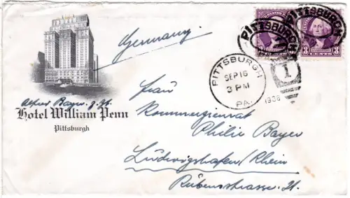 USA 1936, Paar 3 C. auf William Penn Hotel Brief v. Pittsburg n. Ludwigshafen