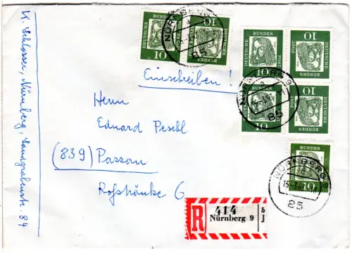 BRD 1963, MeF 7x10 Pf. inkl. Kehrdrucken aus Heftchen auf Reko Brief v. Nürnberg