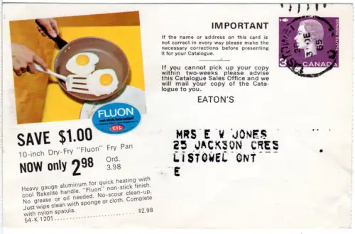 Kanada 1965, 3 C. Ganzsache m. Abb. Pfanne m. Spiegelei, Listowel Ortsverwendung