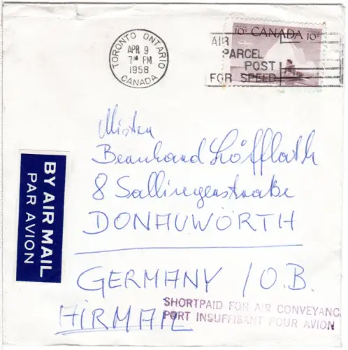 Kanada 1958, 10 C. auf Brief v. Toronto m. L2 SHORT PAID FOR AIR CONVEYANCE...