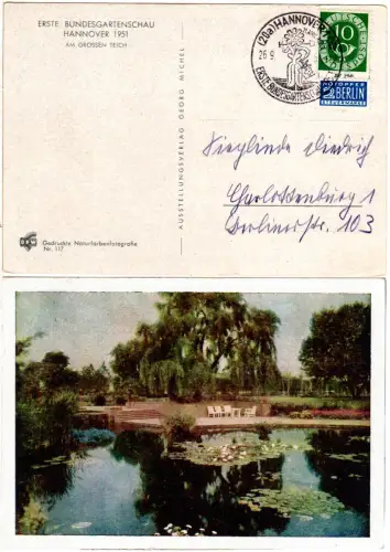 BRD 1951, 1. Bundes Gartenschau Hannover, Sonderkarte m. entspr. Sonderstempel.