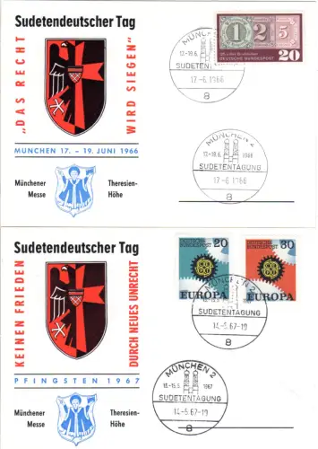 München, 2 Ereigniskarten m. Sonderstempeln Sudetendeutscher Tag 1966 u. 1967