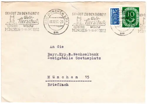 BRD 1952, Welttierschutzwoche Werbestempel v. München m. Abb. auf Brief m. 10 Pf