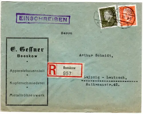 DR 1932, 12+30 Pf. auf Firmen Einschreiben Brief v. Beeskow n. Leipzig.