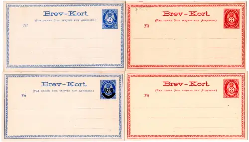 Norwegen P1-3, 2 Sk., 3 Sk m. u. ohne Wellen, 5 öre/2 Sk., 4 ungebr. Ganzsachen