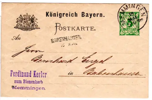 Bayern 1898, Aushilfstpl. L1 BABENHAUSEN als Ank.Stpl. auf Ganzsache m. 5 Pf. 