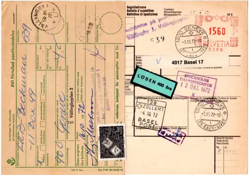 Schweiz 1972, Paketkarte m. Freistempel v. Genf u. Schweden Porto-Formular 