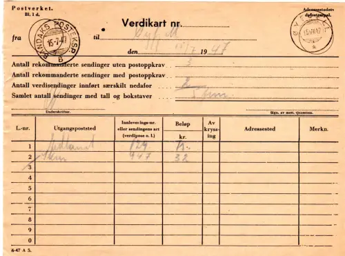 Norwegen 1947, Postschein Verdikart m. Schiffspoststpl. Bandak´s Posteksp. B