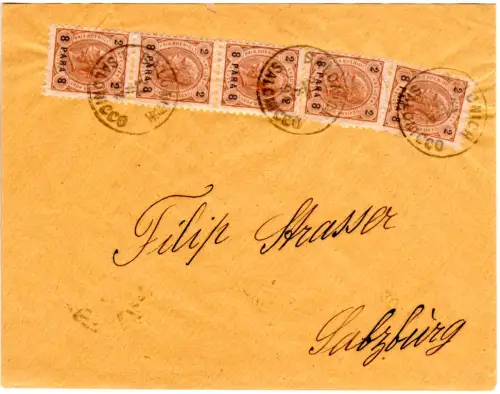 Österreich Post i.d. Levante 1892, 5x8 P./2 Kr auf Brief v. Salonich n. Salzburg