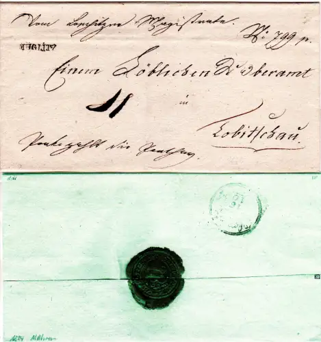 Östrereich 1834, Mähren-L1 MÜGLITZ auf Brief n. Tobitschau m. rücks. K2 Olmütz