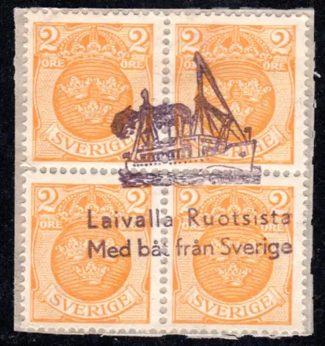 Schweden, 4er-Block 2 öre auf Briefstück m. Finnland Schiffspost Stempel 