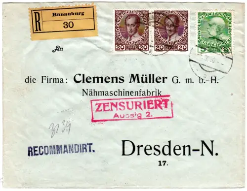 Österreich 1916, 5+2x20 H. auf Einschreiben Brief v. Bünauburg m. Aussig Zensur 
