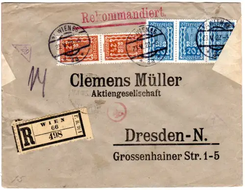 Österreich 1922, 5 Marken auf Einschreiben Zensur Brief v Wien m. Dresden Zensur