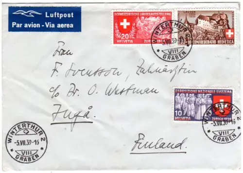 Schweiz 1939, 3 Marken auf schönem Luftpost Brief v. Winterthur n. Finnland.