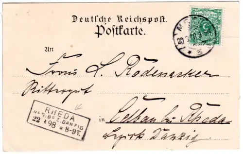 DR 1898, R3 RHEDA Reg. Bez. DANZIG als Ankunftstpl. auf Karte v. Metz m. 5 Pf.