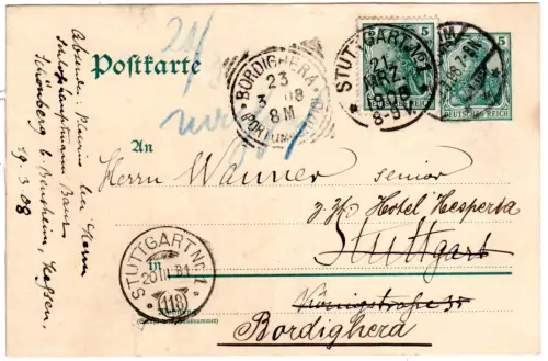DR 1908, 5 Pf. Nachsendefrankatur auf Ga v. Bensheim n. Stuttgart u. Italien