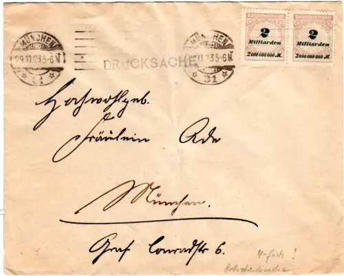 DR 1923, 2x2 Mia als 4fach-Frankatur auf Ortsbrief v. München. KDStV Aenania.