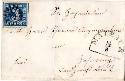Bayern, MR 297 Maisach auf Brief m. breitrandiger 3 Kr. n. Jesenwang.