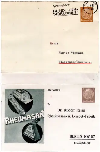 DR 1935, gebr. 3+3 Pf. Privatganzsache-Klappkarte Rheumasan m. Abb.