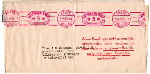 DR 1933, 5 Pf. Maschinen Freistempel v. Fürth auf Zeitungssschleife