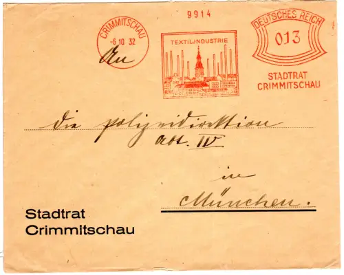 DR 1932, 13 (!) Pf. AFS Textilindustrie auf Stadtrat Brief v. Crimmitschau