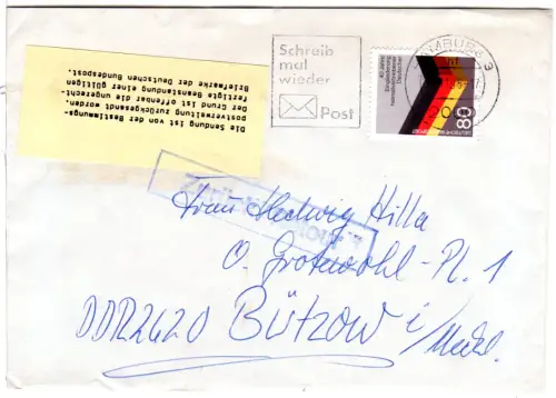 BRD 1985, Postkrieg, Brief Hamburg-DDR m. 80 Pf., zurück m. gelbem Hinweiszettel