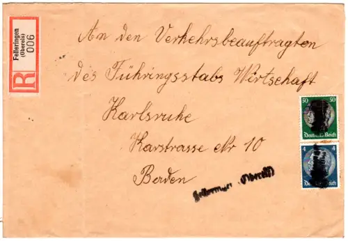 Elsass, Besetzung WK II 1940, 50+4 Pf auf Reko-Brief m. L2 Felleringen (Oberels)