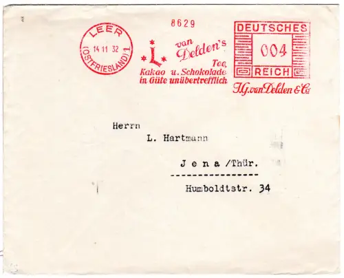 DR 1932, 4 Pf. AFS Tee, Kakao, Schokolade J.G. van Delden &Co. auf Brief v. Leer