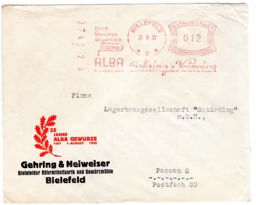 DR 1932, 12 Pf. AFS Alba Gewürze Gehring&Neiweiser auf Firmenbrief v. Bielefeld
