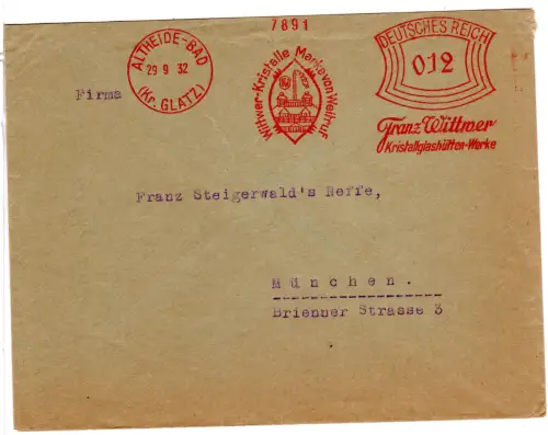 DR 1932, 12 Pf. AFS Kristallglas F. Wittwer auf Brief v. Altheide-Bad (Kr Glatz)