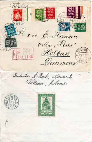 Estland 1934, 8 Marken + Vignette auf Einschreiben Brief v. Tallinn n. Dänemark 
