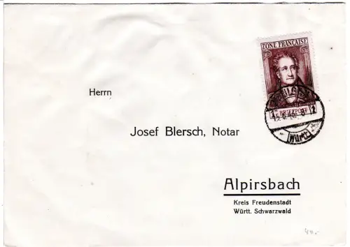 Franz. Zone 1946, 1 Mk. Goethe auf Brief v. Saulgau