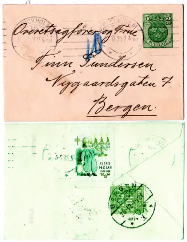 Schweden 1921, 5 öre Ganzsache Brief m. Weihnachts- u. Norwegen Portomarke