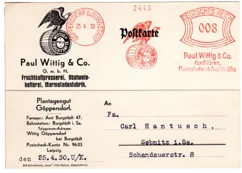 DR 1930, 8 Pf. AFS Obstwein Wittig & Co. auf Karte v. Göppersdorf b. Burgstädt