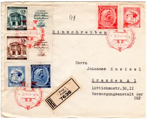 Böhmen u. Mähren 1941, 150. Todestag Mozart auf Einschreiben Brief v. Prag