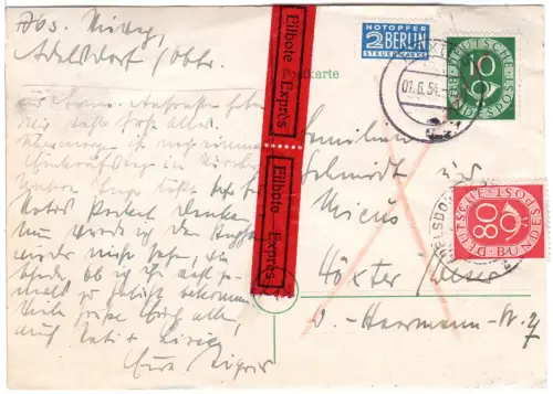 BRD 1954, 10+80 Pf. Posthorn auf Eilboten-Karte v. Adelsdorf Ofr. n. Höxter