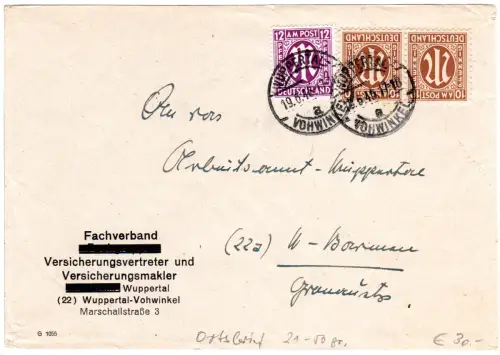 1946, 12+2x10 Pf. auf portorichtigem Ortsbrief (21-50 g) v. Wuppertal