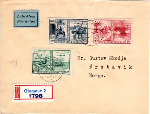 Tschechoslowakei 1949, UPU kpl. auf Luftpost Reko Brief v. Olomouc n. Norwegen