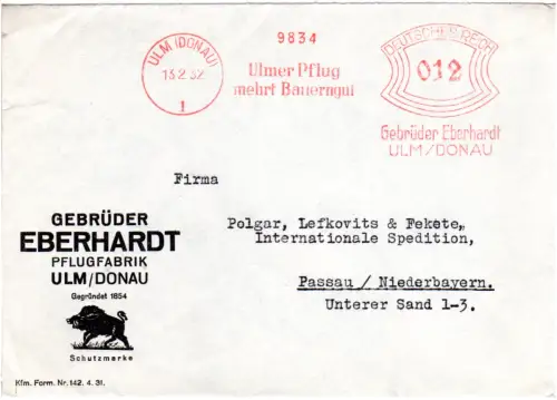 DR 1932, AFSt. Ulmer Pflug mehrt Bauerngut auf Brief v. Fa. Gebr. Eberhardt Ulm
