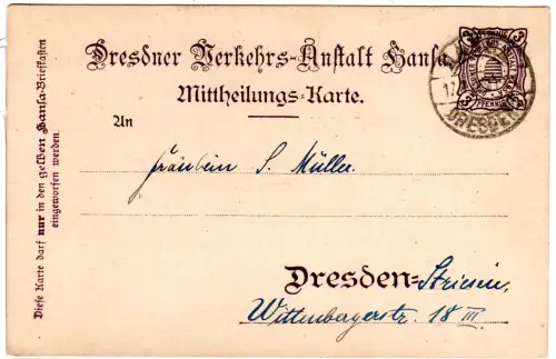 DR Private Stadtpost Dresden 1898, gebr. 3 Pf. Hansa Bienenstock Ganzsache