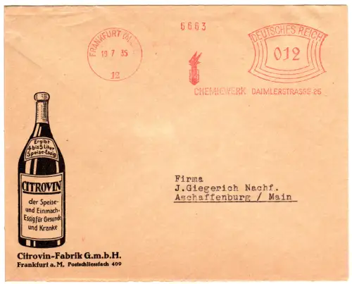DR 1935, 12 Pf. AFS Chemiewerk Daimlerstr. auf Citrovin Firmenbrief v. Frankfurt