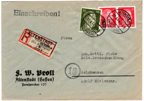 DR 1944, 30+2x12 Pf. auf Brief v. Altenstadt m. überstempeltem Reko-Zettel 