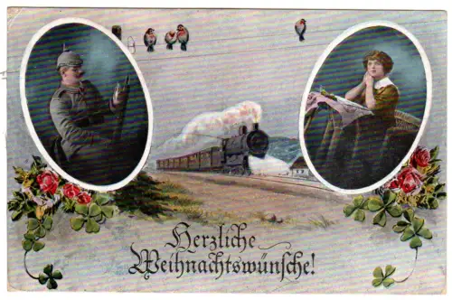Weihnachtswünsche m. Dampflok, Rosen u. Vögeln, schöne Farb-AK
