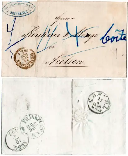 Württemberg 1859, K3 Heilbronn u. "boite" (Briefkasten) auf Brief n. Preussen