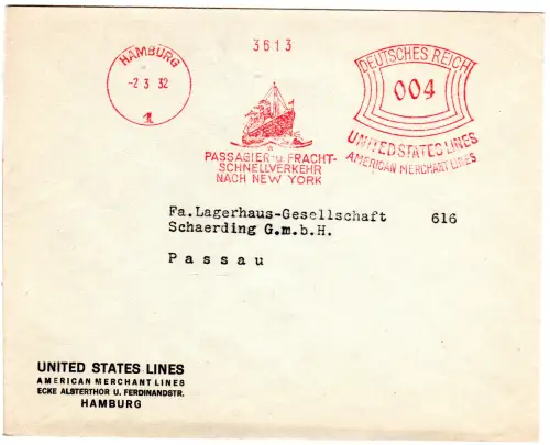 DR 1932, 4 Pf. AFSt. d. United States Lines auf Brief v. Hamburg