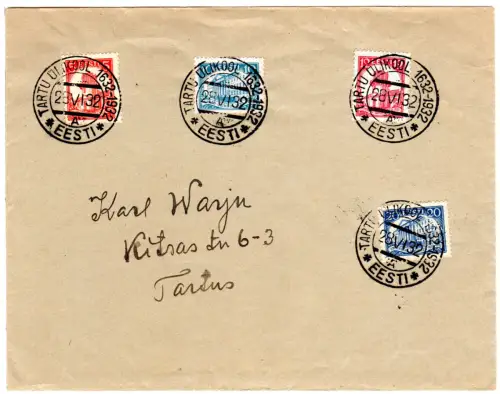 Estland 1932, 4 Werte Uni Tartu Gedenkausgabe auf Brief m. entspr. Sonderstpl.