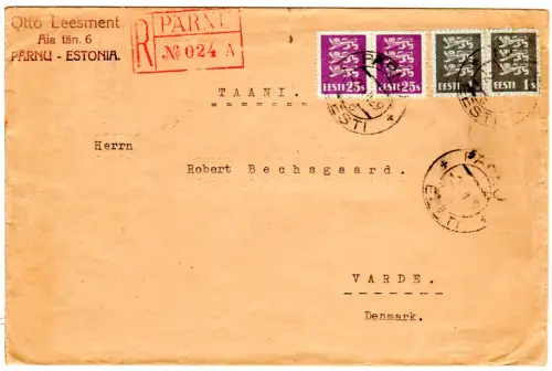 Estland 1929, je 2x1+25 S. auf Einschreiben Brief v. Pärnu n. Dänemark